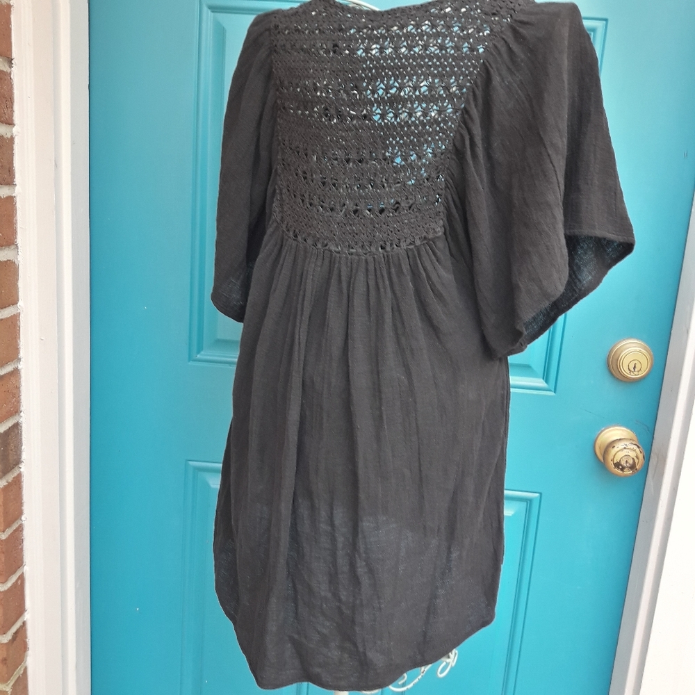 Boho Top Crochet All Cotton Loose Fit Mesh Short Sleeve VNeck Embroidered SM - Picture 5 of 12